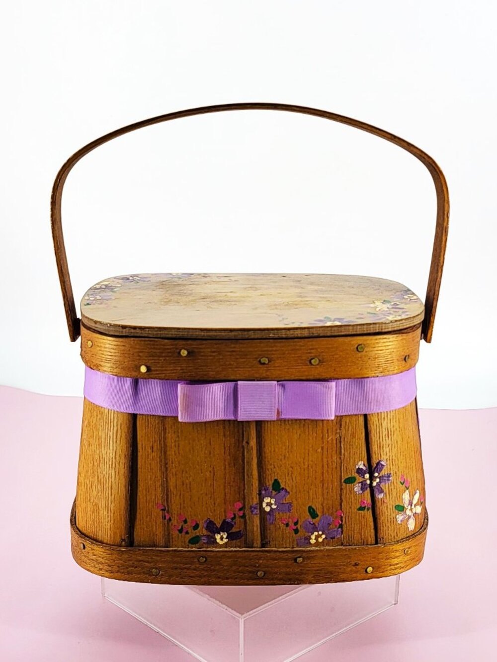 Basketville Putney Vermont MCM Hand Painted Violets Bentwood Floral Lining Purse